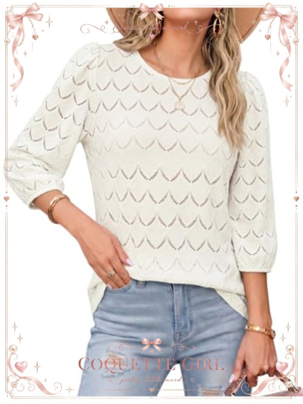 Women's Eyelet Lace Blouse 3/4 Sleeve Relaxed Fit Work Top